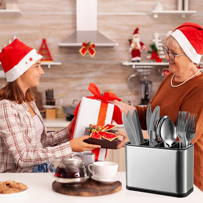 LIBODOUR Utensil Holder,Stainless Steel Caddy Counter,Spoon holder,4 Compartments Silverware Caddy,Capacity Flatware Spoon Fork Tool Cutlery Holder（Silvery） - Image 2